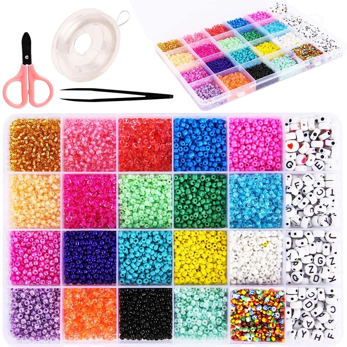 

Amazon Hot Selling 10000pcs 3mm Glass Seed Craft Beads with 300pcs Letter Beads Kit for DIY Jewelry Making Bracelets Necklace