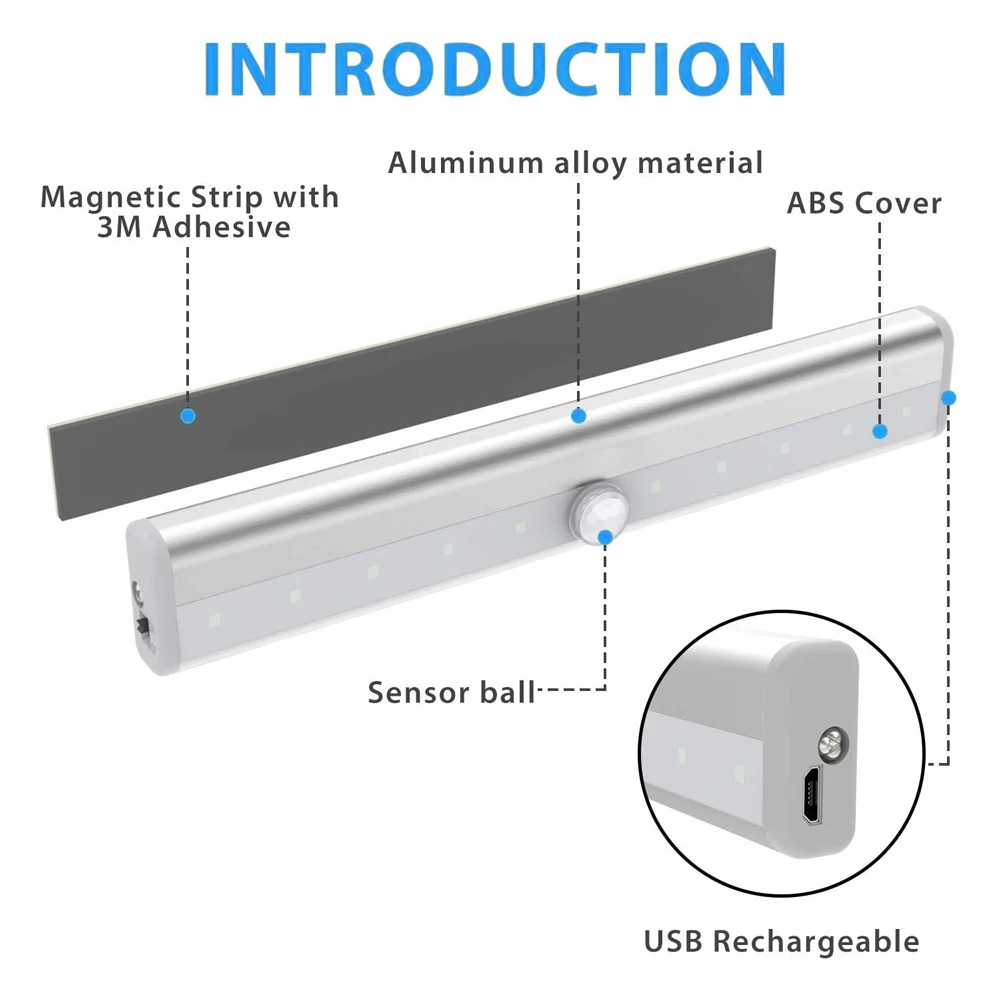 USB Rechargeable lighting cabinet Motion Sensor 10 LED Wireless under cabinet led light Kitchen LED Cabinet Lights supplier