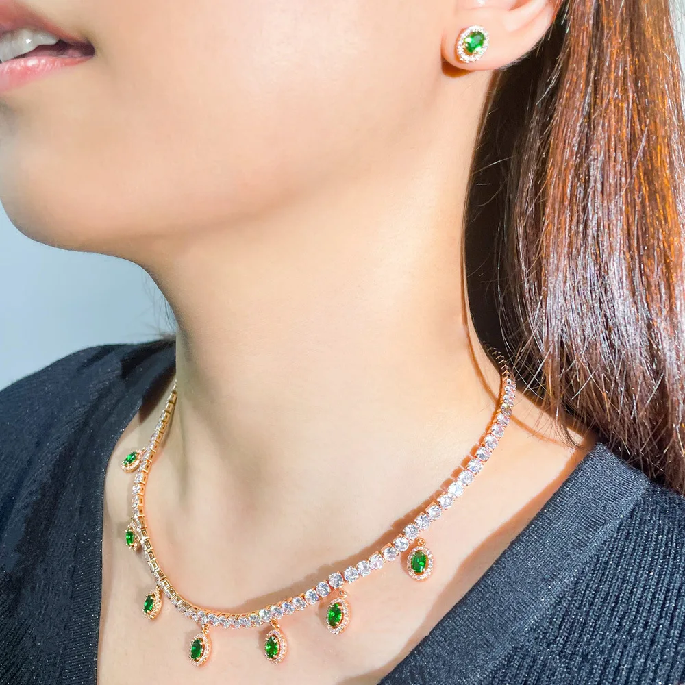 Round Drop Green CZ Zircon Charm Necklace Earrings Trendy Boho Summer Party Dubai Jewelry Set for Women Wedding Accessories