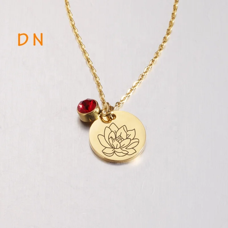 

Dina 18K Gold Filled Initial Birthstone Personalized Lotus Flower Necklace Custom Disc Necklace Stainless Steel Jewelry, Gold,silver, rose gold