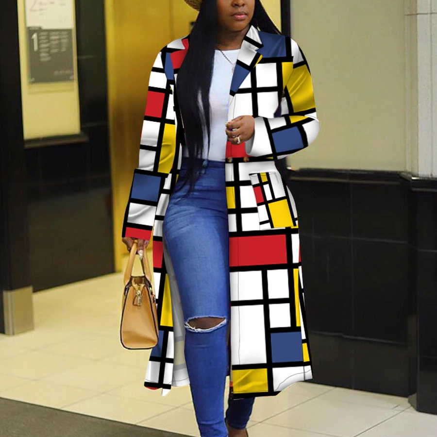 

Wholesale Trendy Colorful Grid Check Printed Double-Breasted Lapels Trench Long Coat 5Xl Plus Size Women Jackets And Coats 2020, White black fashion coats and jacket for woman