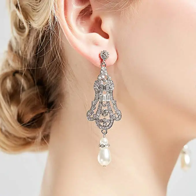 

Ecoparty Women's Wedding Bridal Crystal Art Deco Teardrop Hollow Chandelier Dangle Earrings