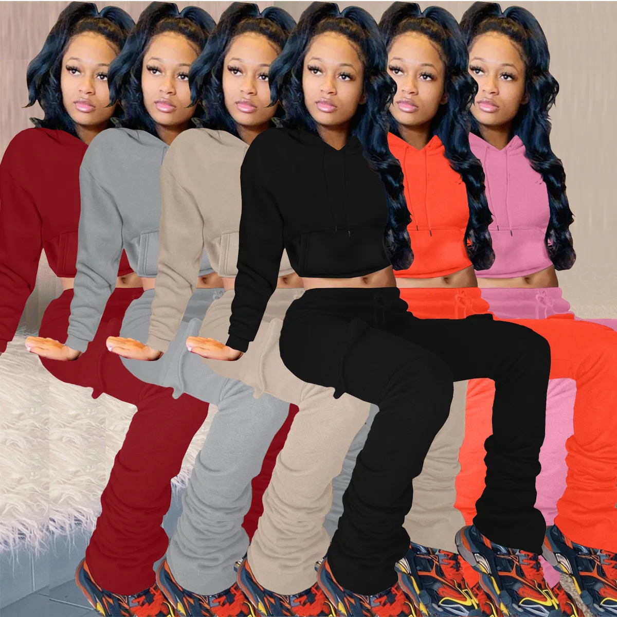 

Custom Logo Pockets Cotton Woman Fleece Thick Crop Top Hoodie Joggers Stacked Sweatpants Two Piece Outfits Set, 6 colors