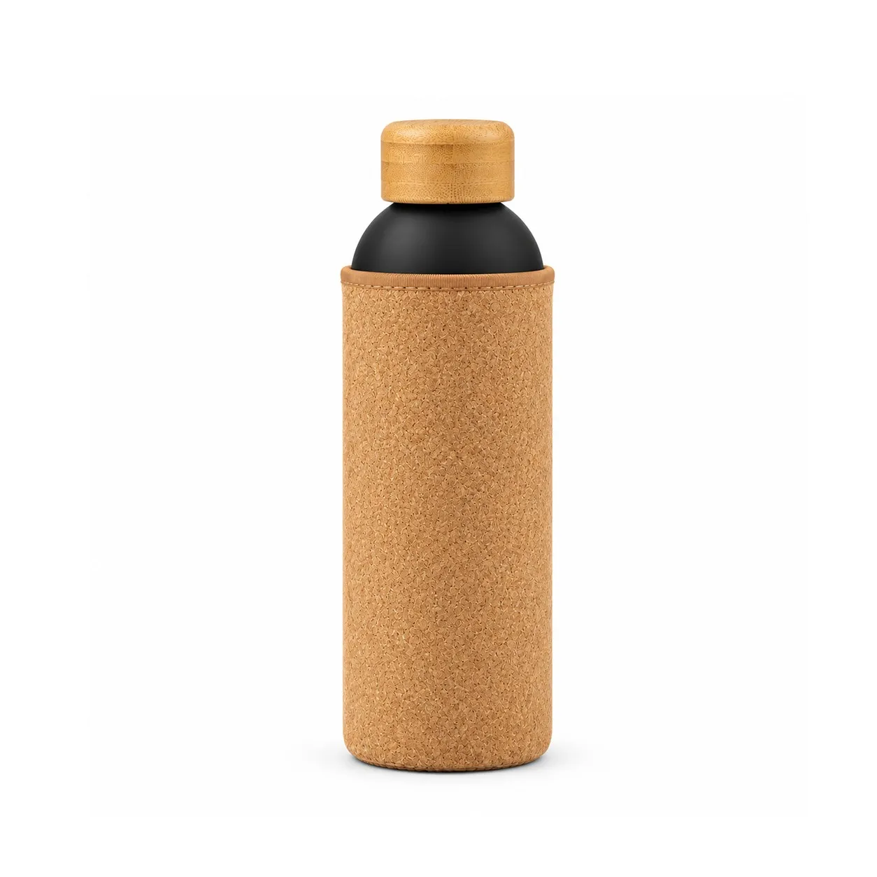 Matte black stainless steel water bottle with a tan cork sleeve and bamboo cap, photographed on white