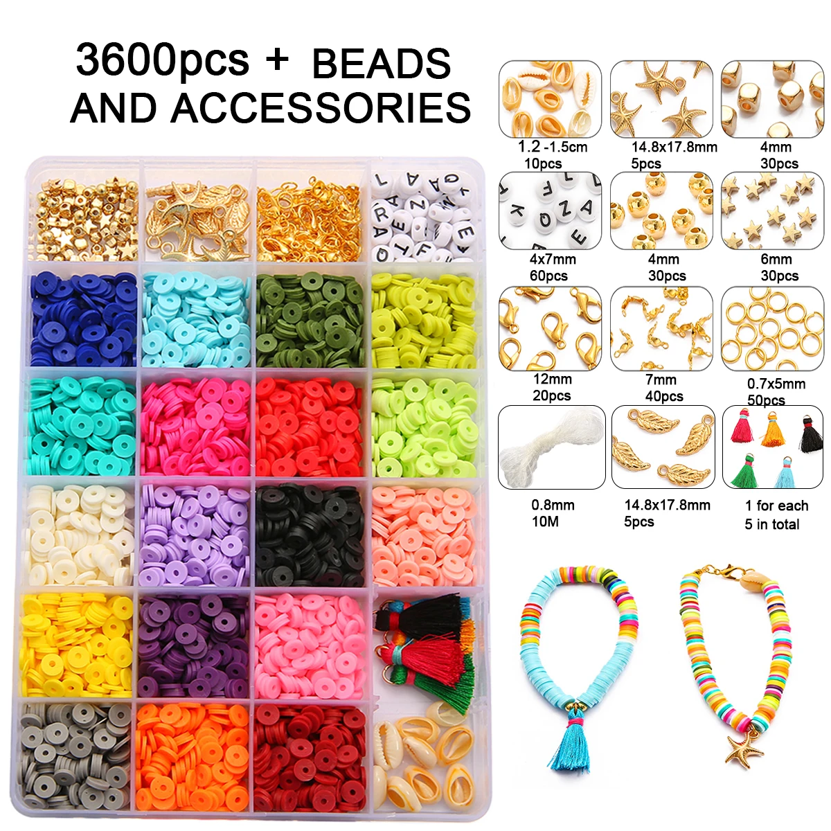 

3600pcs Flat Round Polymer Clay Spacer Beads Kit with Charms Elastic String Clasp for Jewelry Making Bracelets Necklace Earring, As picture