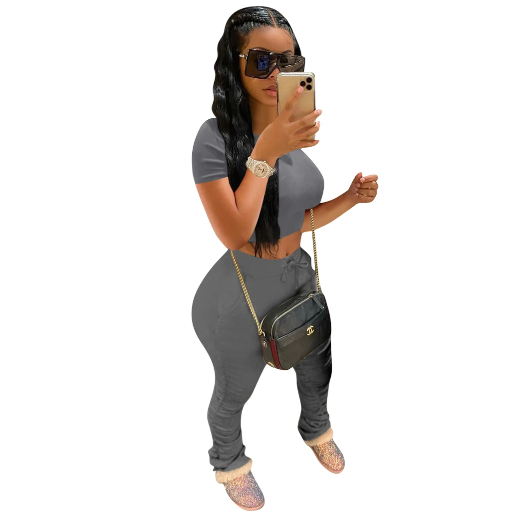 

wholesale trendy two piece set cotton fall stacked pants sweatsuit