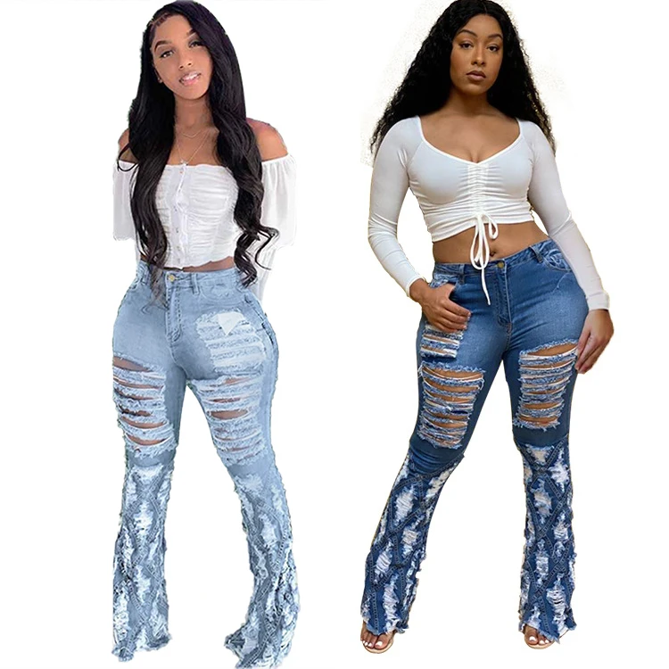 

Best Design 2020 Fashion Streetwear Holes Women Flare Denim Pants Female Bottoms Ladies Trousers Jeans Pants