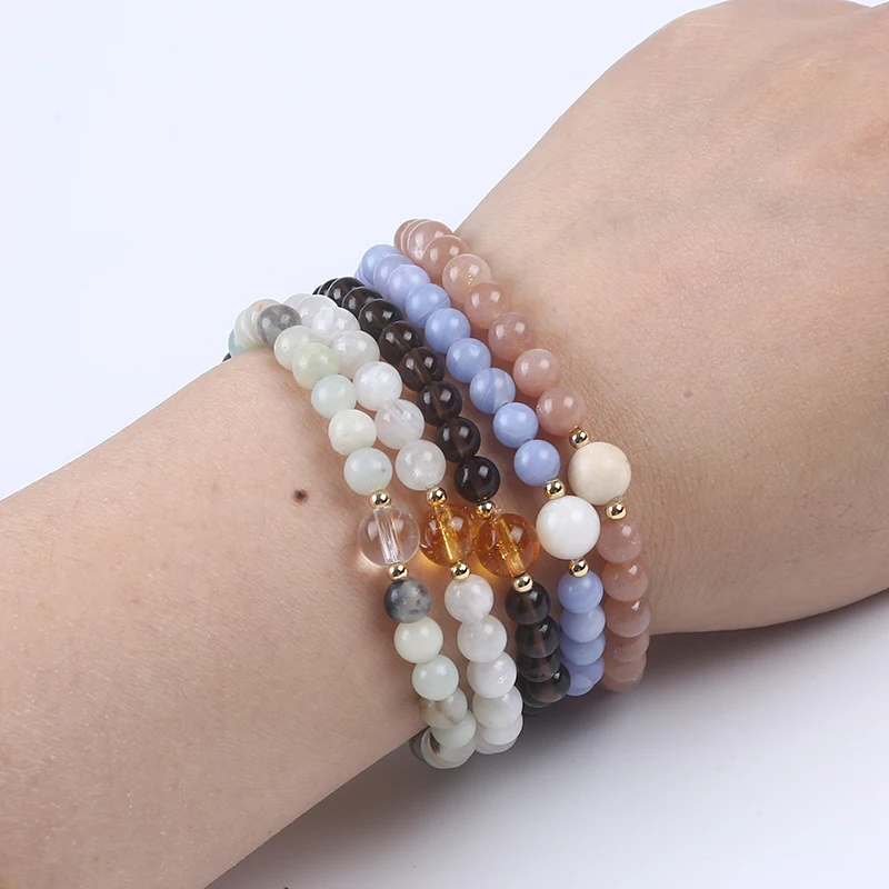 

6mm Sunstone Moonstone Stretch Gemstone Gold Bead Bracelet