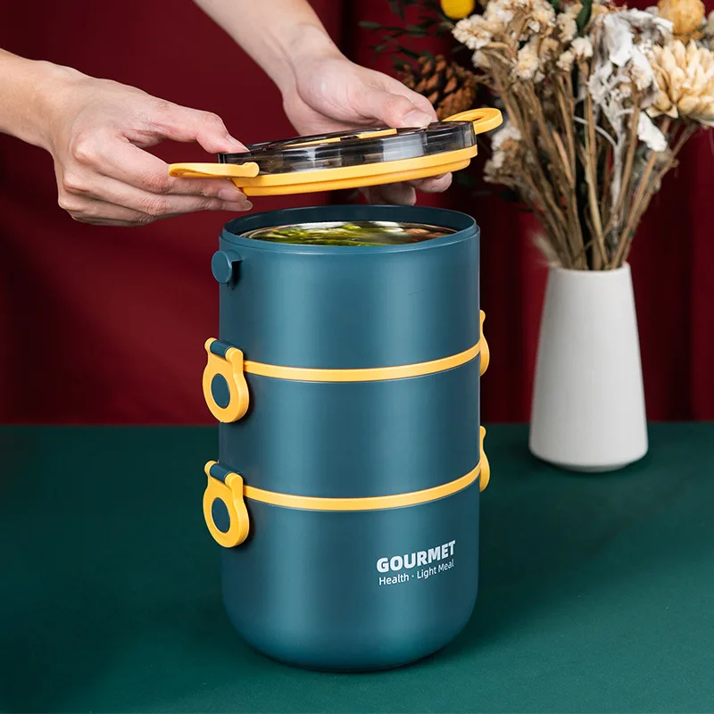 

New Round Portable Stainless Steel Insulated Lunch Box Single Double Three Layer Student Office Bento Box