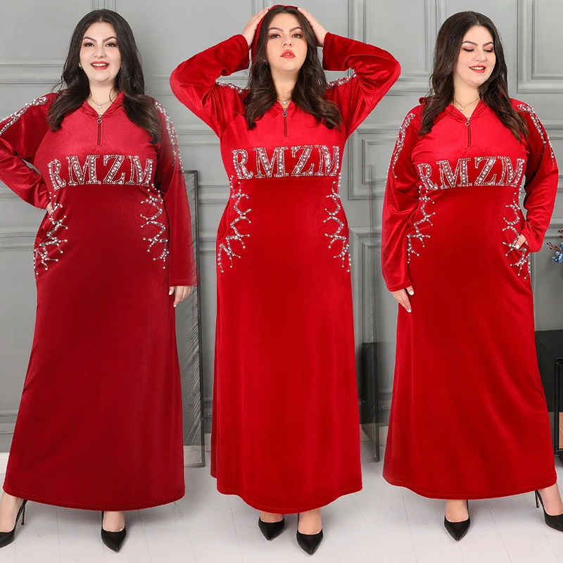 

New Design Turkish Velvet Red Color Diamond Crystal Beaded Sequin Opening Ceremony Zipper Luxury Abaya With Hat