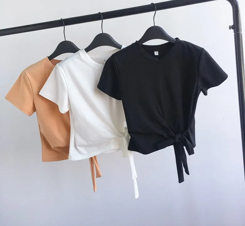 

Short T-shirt For women 2020 Summer Korean version of the new slim-fitting lace-up watch machine short sleeve T-shirt blouse, 3 colors