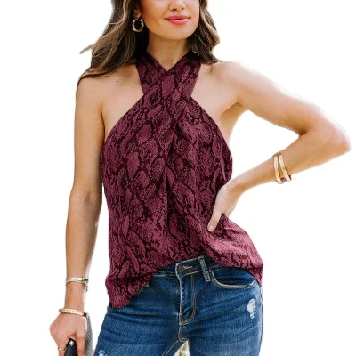 

2021 New Plus Size Summer Sexy Sleeveless Wrap Chest Casual Halter Top Street Style Camis Leopard Print Vest Shirt for Women