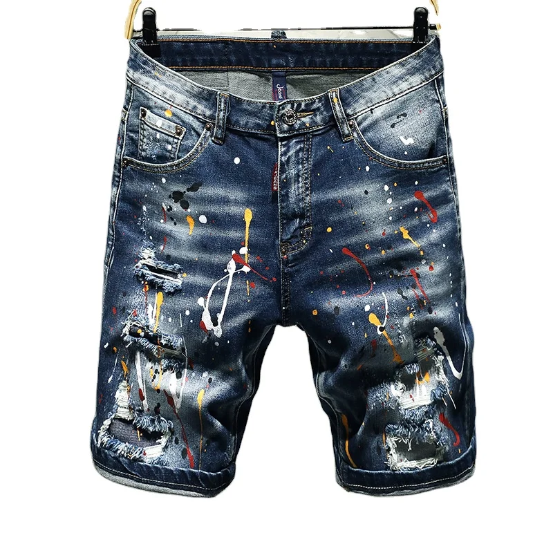 

2021 Hot sale New Men Fashion Jeans Shorts Wild Denim Fabric Distressed Spray paint Hole Short pants for Men