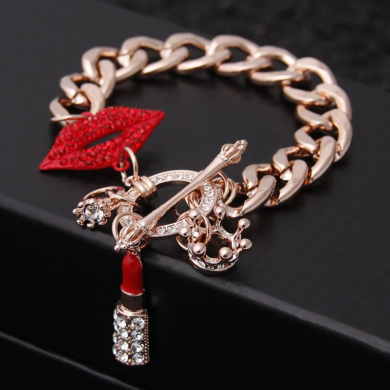 

Hot sale Red Lip Charms bracelets Diamond Inlay Geometry Rhinestone Gold Plated Cuban chain Bracelet for women, As pic