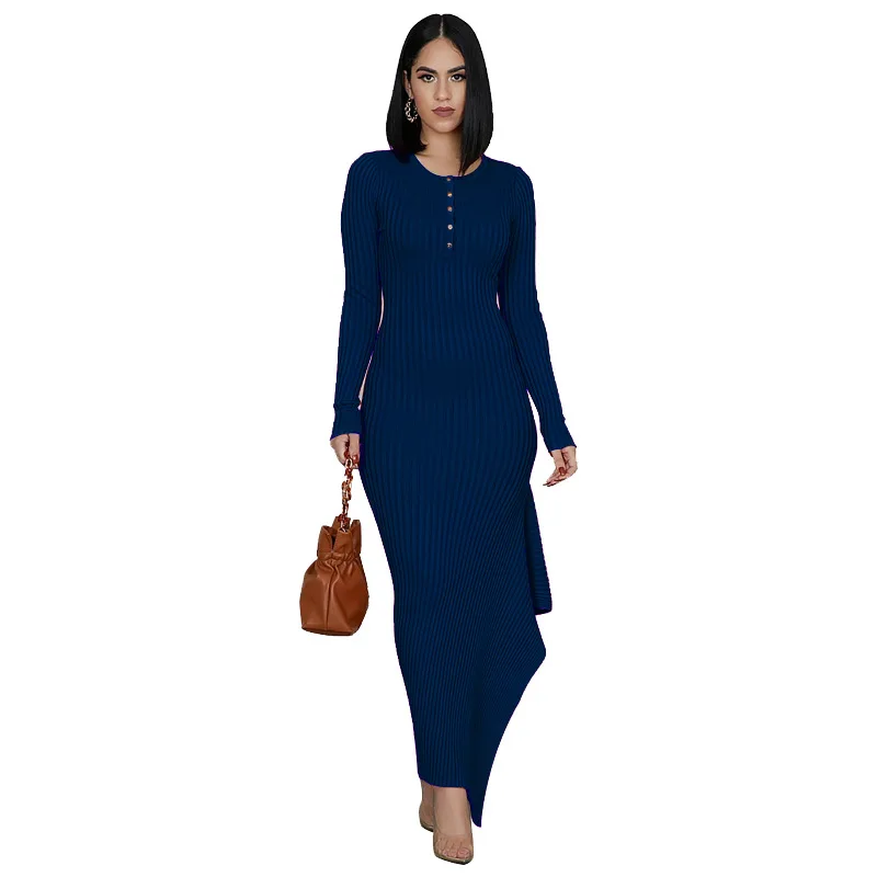

Wholesale women long sleeve dress round neck maxi full length solid color casual bodycon stretch dresses women clothing, 6 colors