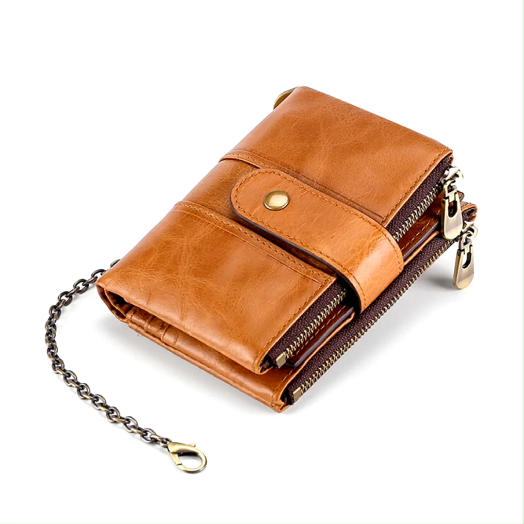 Boshiho Cowhide Leather Coin Purse Dual Zipper Change Holder Wallet w/Key Ring 