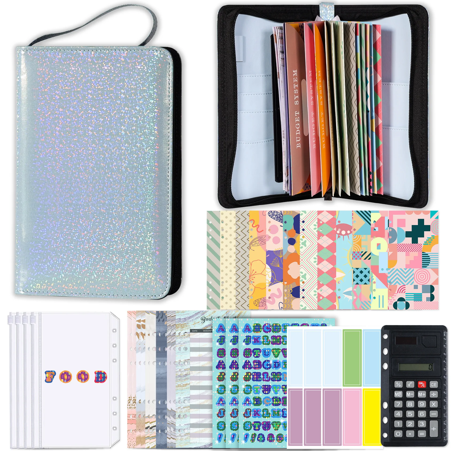 

wholesale custom glitter 6 ring zip lock card holder bag with calculator wallet leather cash envelopes A6 budget binder