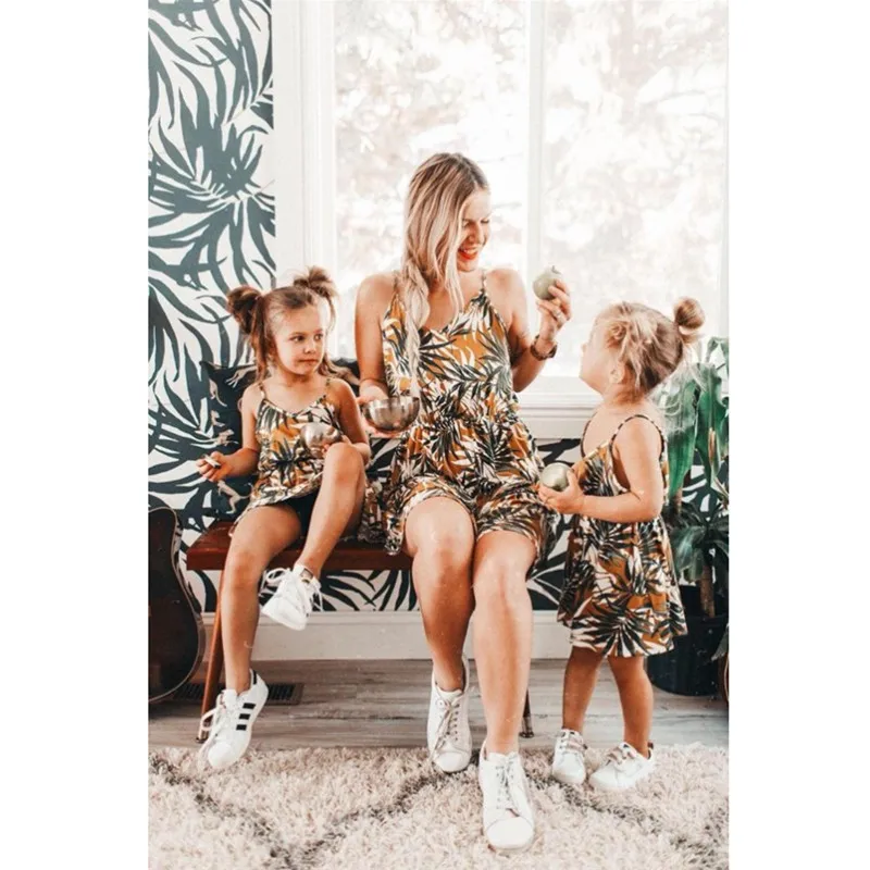 

2021 summer leaf print elastic waist parent-child dress yellow casual dress mommy and me sets long skirt mommy and me outfits, Yellow, brown