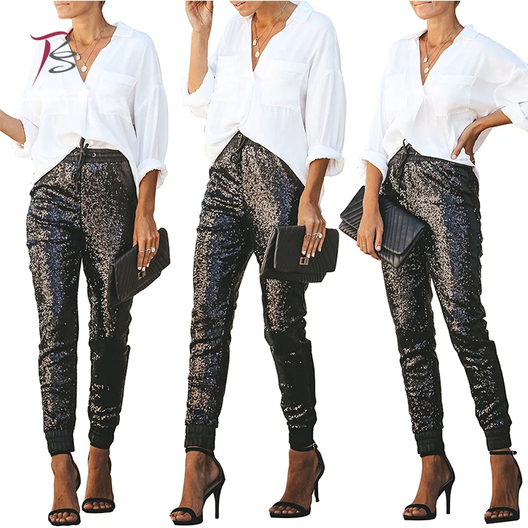 

Elastic PU leather trousers with elastic sequins leather pants for women, Picture