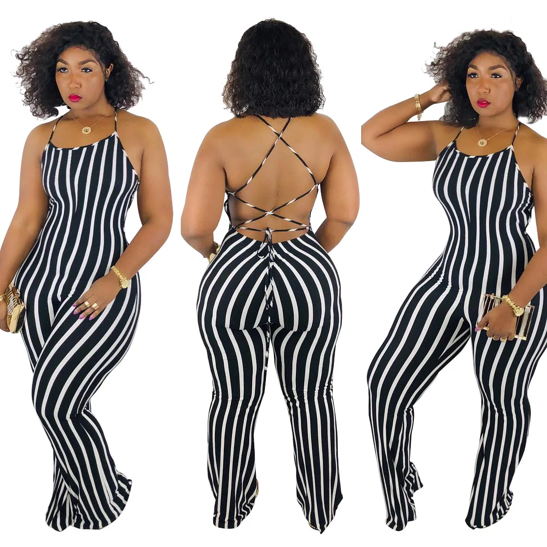 

New Style Striped With Open Back Sexy Jumpsuit Women