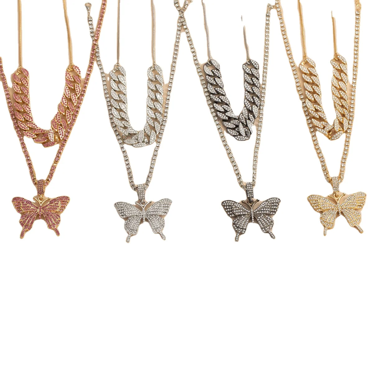 

Multi-layer Rhinestone Butterfly Pendant Statement Necklace Wide Chain Fashion Jewelry