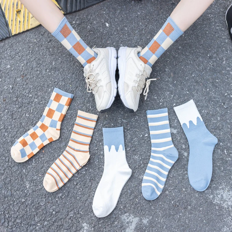 

JULY'S SONG Autumn Cotton Unisex Socks Fashion Plaid Stripe Mid-calf Socks for Men Women Wholesale Girls Soft Breathable Socks, 6 colors as shown