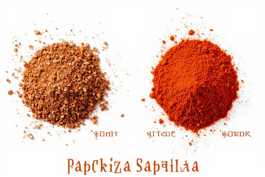 Various paprika varieties in glass jars with fresh peppers and cooking utensils on wooden table