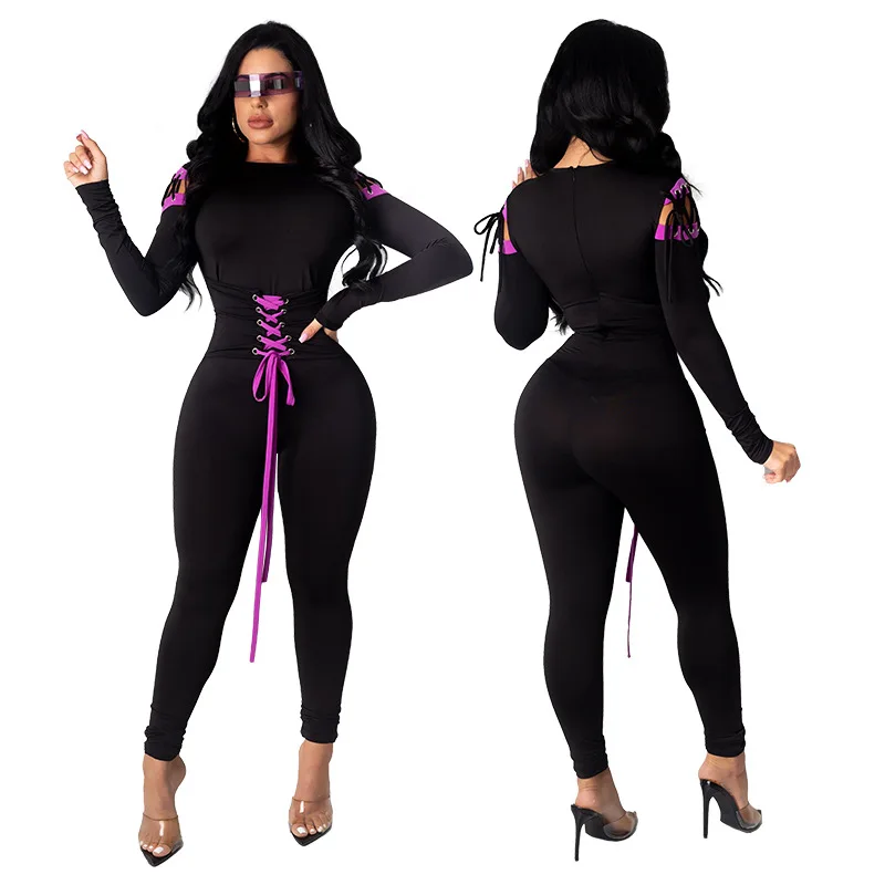 

Wholesale ladies clothes long sleeve bodycon club wear sexy with bind the decoration black jumpsuits for women clothing, 3 colors