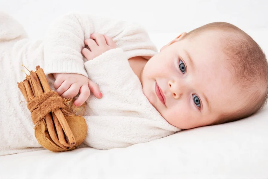 Close-up of Ceylon cinnamon sticks next to infant feeding spoon
