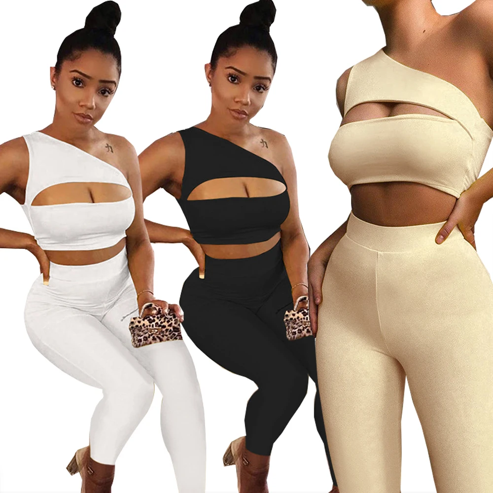 

Two Piece Set Solid Women Casual Outfits Sexy Hollow Out Crop Top Joggers Sporty 2 Pieces Pants Set Women Gym Wear Clothes