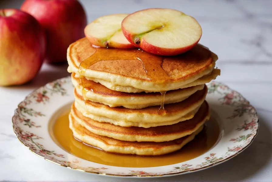 Stack of golden cinnamon apple pancakes with maple syrup drizzle and fresh apple slices on vintage plate