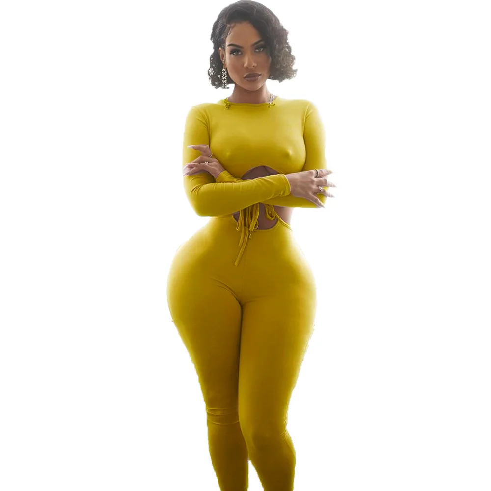 

10906-SW50 ladies plus size sexy hollow out one piece jumpsuit solid color long sleeve bandage tight women sehe fashion, 6 colors