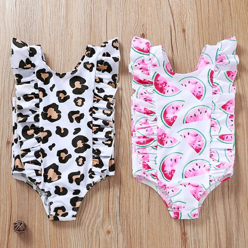 

Summer Cute Leopard Watermelon Printed Baby One-Piece Swimsuit Bathing Suits Flutter Ruffle Sleeve Kids Girls Tankini Swimwear