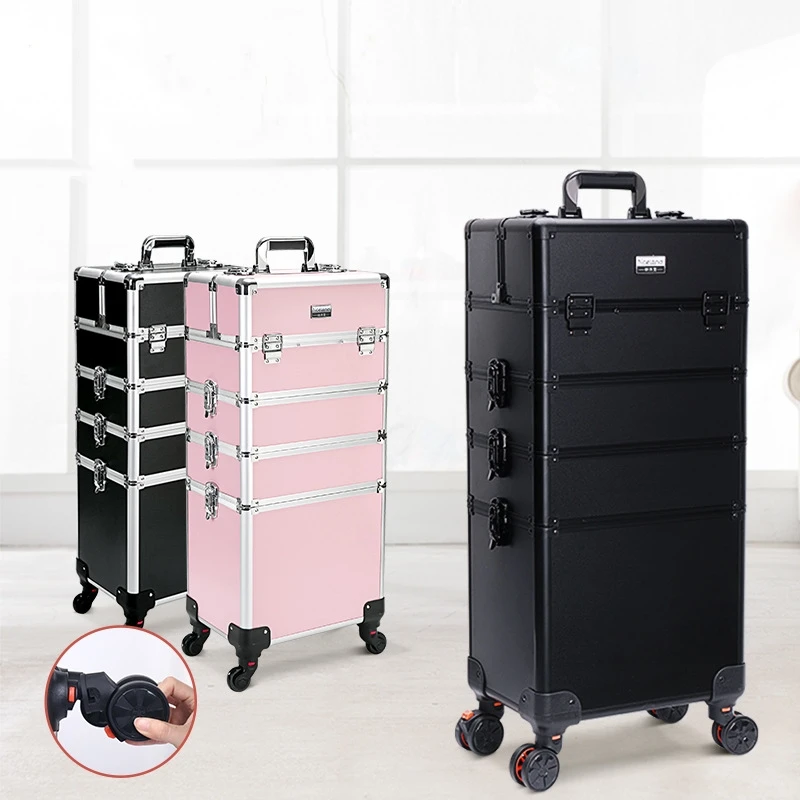 

Wholesale Trolley Makeup Organizer Aluminum Rolling Case 4 in 1 Cosmetic Case Makeup Hairdresser Cosmetic box, Black