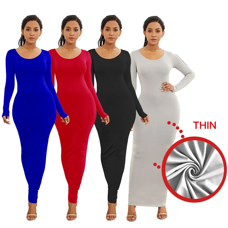

Spring Casual Cotton Solid Color Pencil Long Sleeve Maxi Dress Bodycon Women Dress