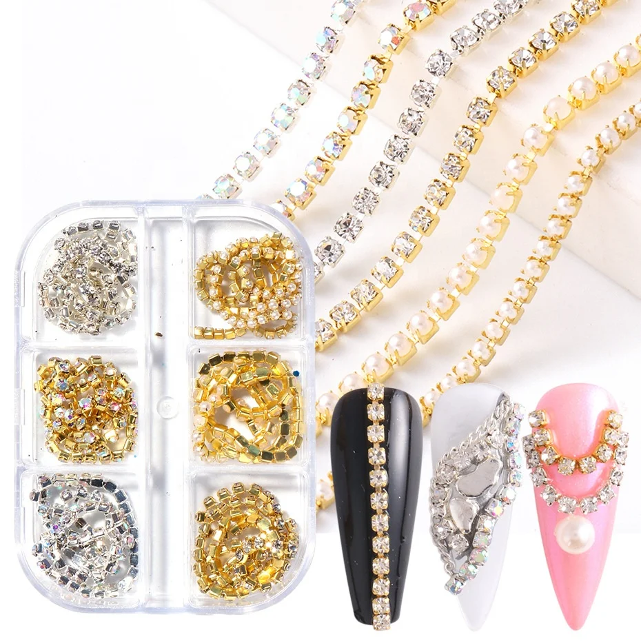 

New 6 Grids Box of Nail Art Rhinestone Gold Silver Metal Chain Styles Nail Art Decoration