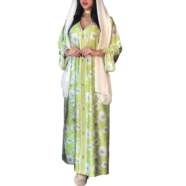 

Middle East Islamic Muslim Women Pinting Kaftan Jalabiya Floral Clothing Abaya Dress