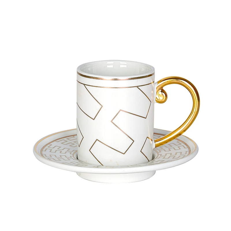 

cream white glazed gold decal coffee espresso ceramic cup and saucer stocked, Pink,grey,yellow,etc/customized