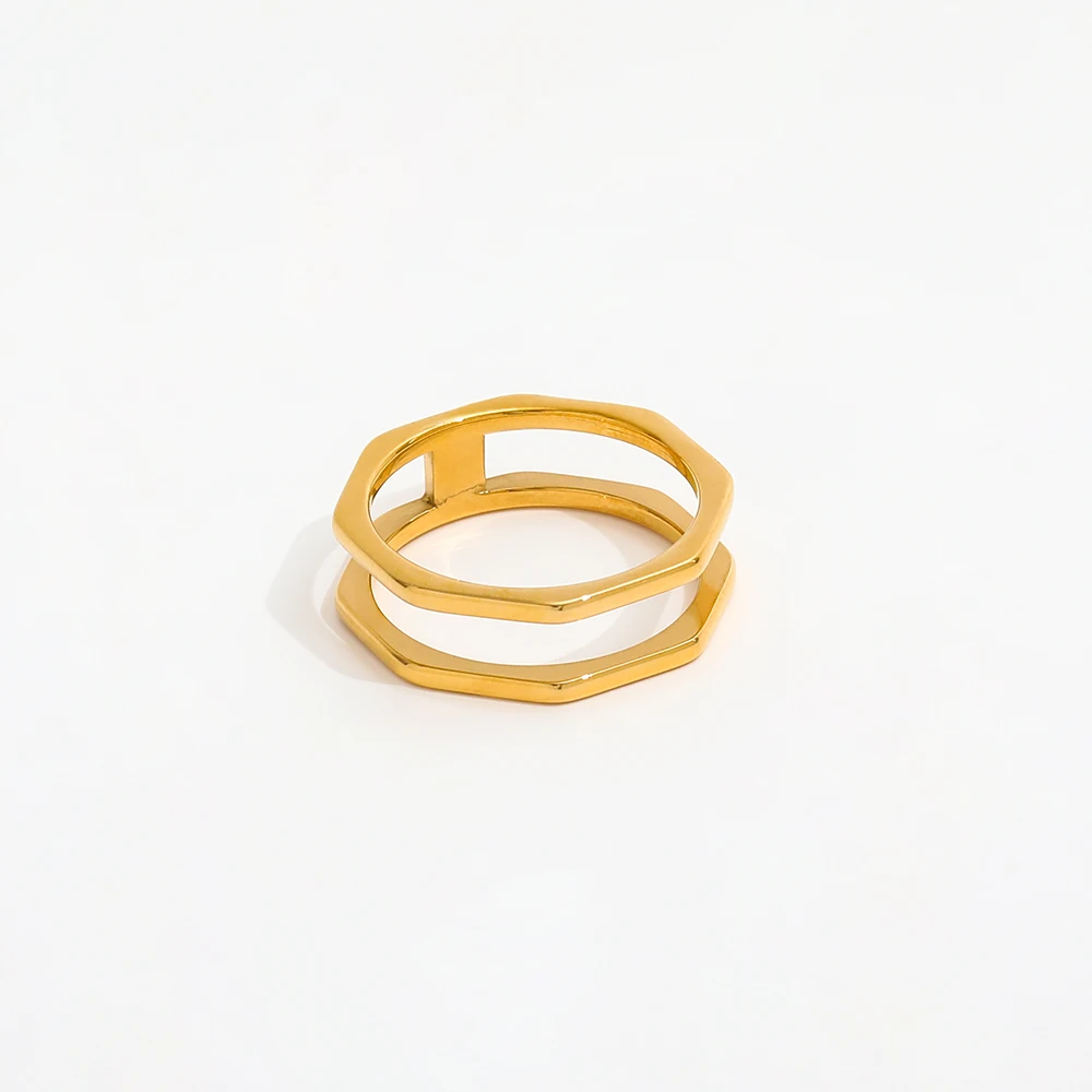 High End 18K Plain Gold Octangle Double-layer Hollow Rings Stainless Steel Trendy Simple Gold Plated Jewelry