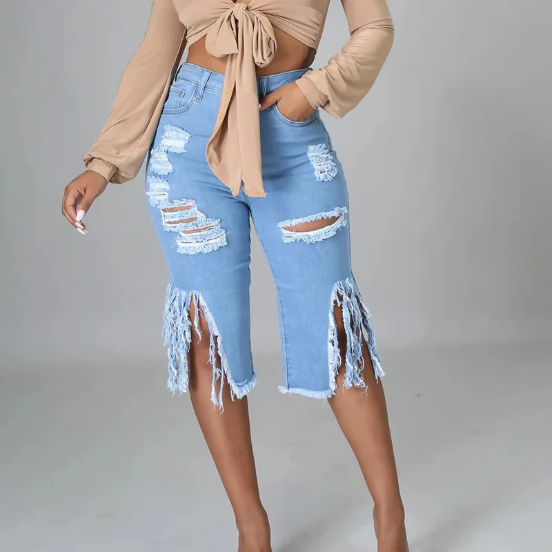 

3XL top ranking female fashion denim ripped mid shorts with hole stretch blue tassel women jean shorts, 2 color