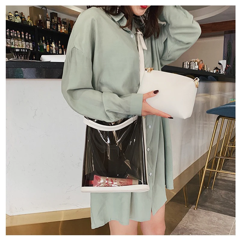 

Fashion Ladies Cross Bags Clear Plastic Bag With Inner Leather Bag Women Jelly Handbag Transparent PVC Clear Purse, As pictures