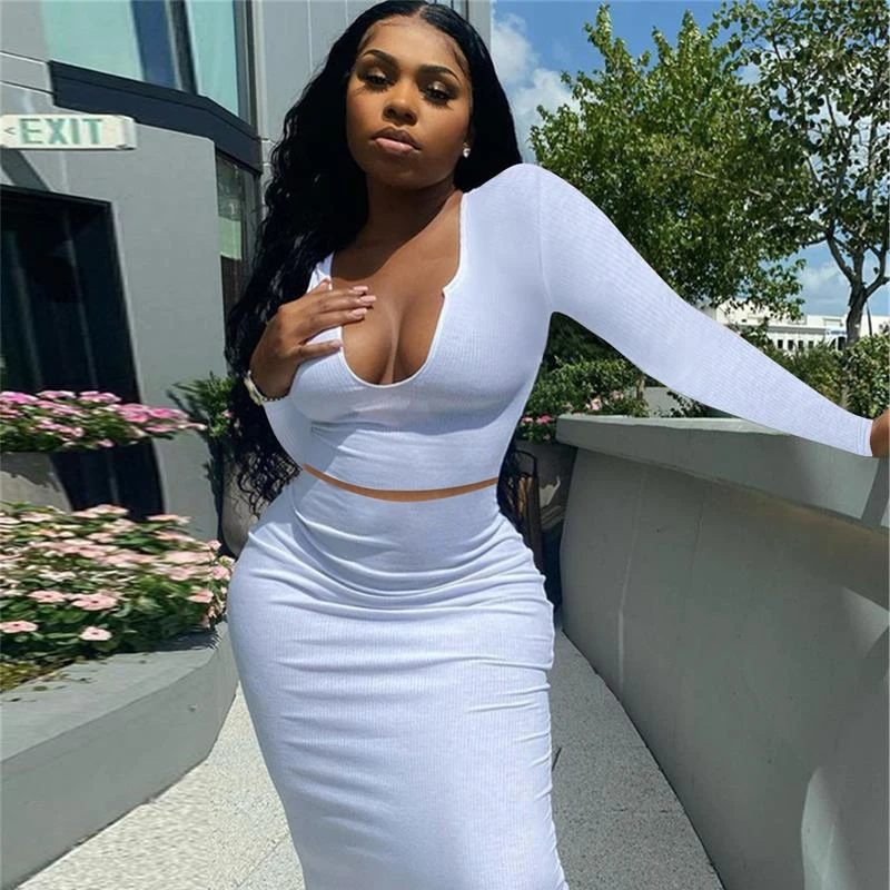 

2021 Women Long Sleeves 2 Piece Dress Set Sexy Rib Knit Bodycon Long Casual Dress Fall Dress for Women