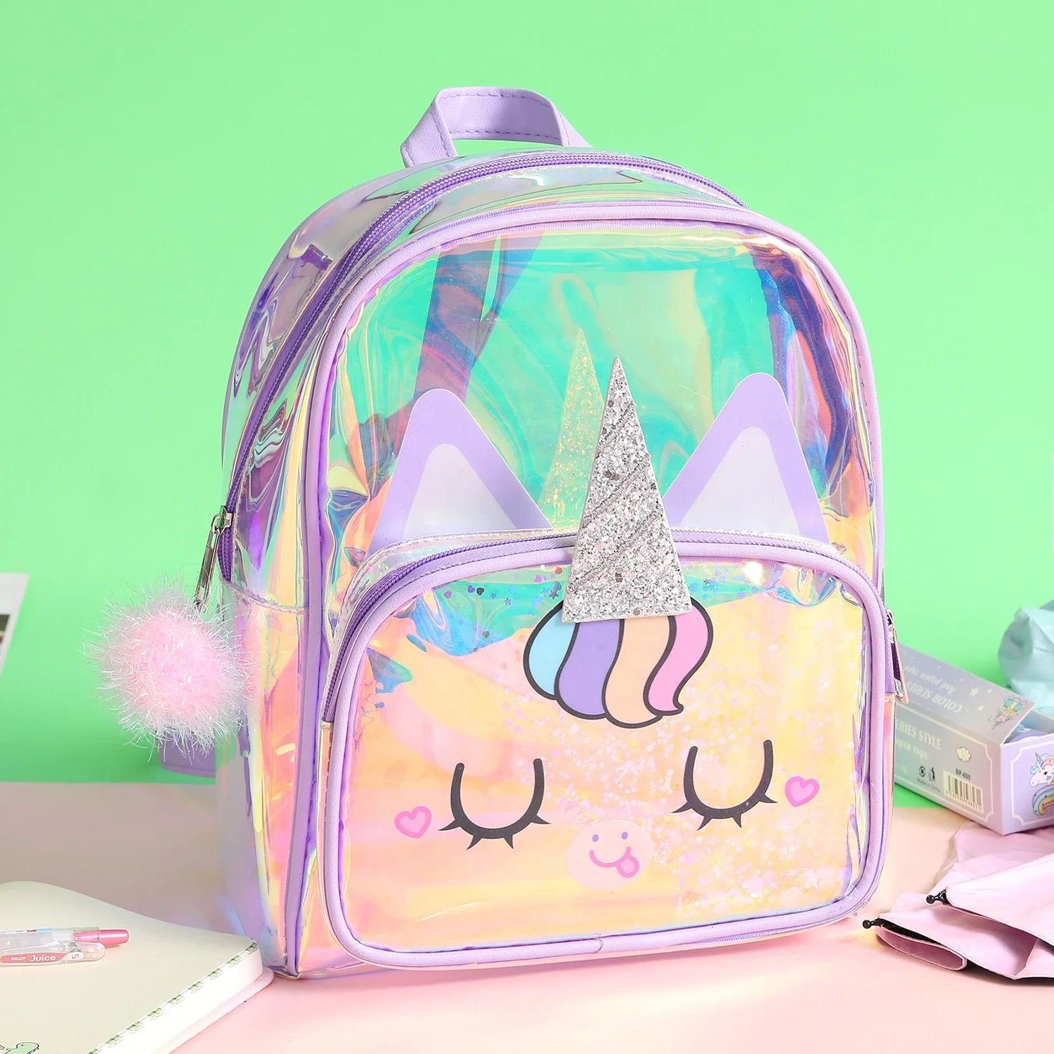 

New design waterproof recyclable pvc school student laser unicorn backpacks large capacity OEM