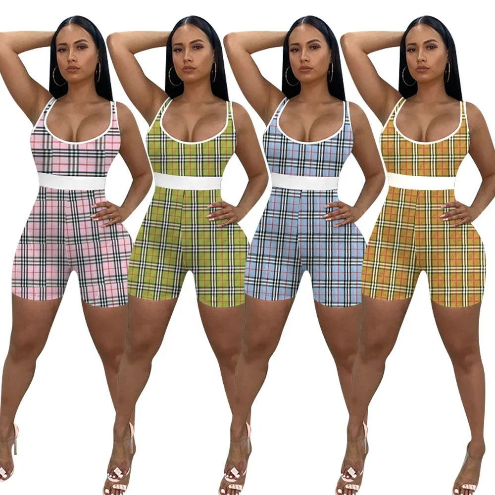 

MT79-8346 Plaid pattern printed slim fit short jumpsuit vest women 2021 summer casual yoga sling jumpsuit