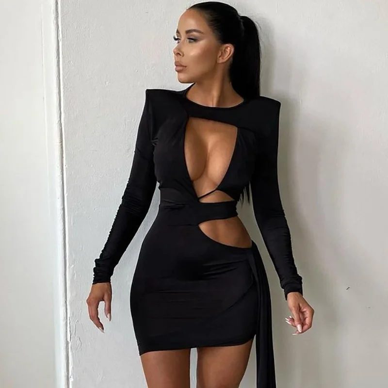 New Black Crew Neck Pullover Dress Casual Lace-up Long-sleeved Short Dress Simple Fashion Hollowed Out Evening Dress