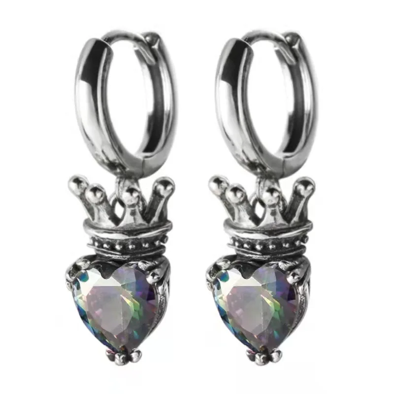 

s925 sterling silver retro colorful purple gemstone crown heart earrings women, Picture shows