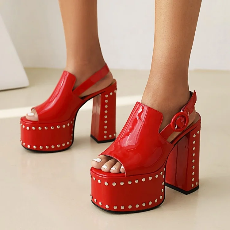 

Open Toe Rivets Women Platform Sandals Red Patent Leather Chunky High Heeled Buckle Rivets Heels Sexy Pole Dancing Shoes Women, Red,black,white