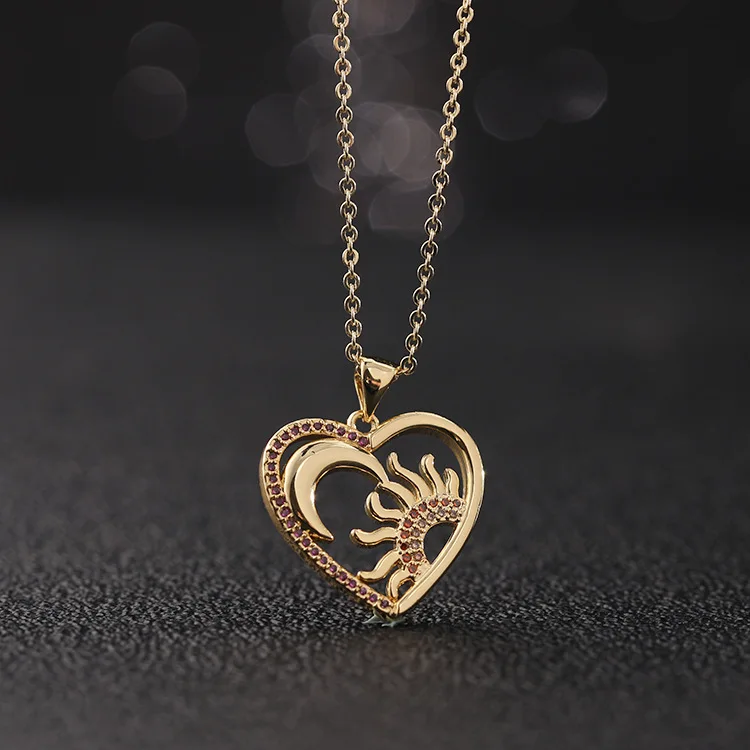 

Fancy Look 14K Gold Micro Pave Crystal Hollow Heart Pendant Necklace Romantic Asymmetric CZ Stone Moon Sun Necklace