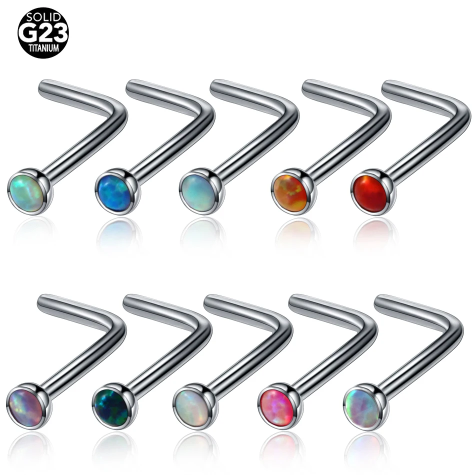 

10PCS Solid G23 Titanium Nose Studs Opal L-shaped Hot Selling Nose Pin Body Jewelry, Opal colors