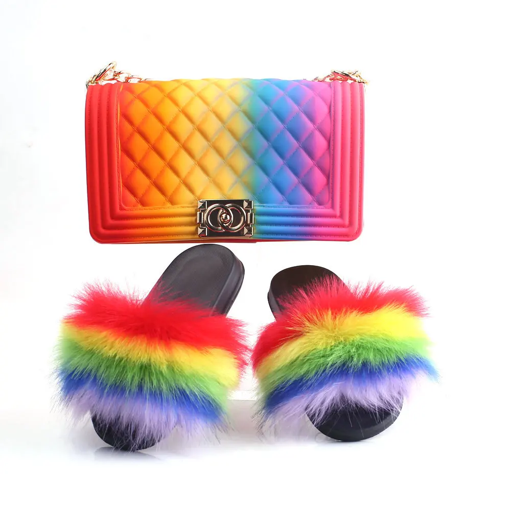 

Wholesale Women Fur Slippers Jelly Bag Purse Set Fluffy Fur Slides Handbag with Slides Female Shoulder Bag, Picture